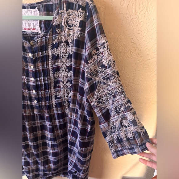 3J workshop blue plaid roses embroidered tunic XL - Picture 2 of 4